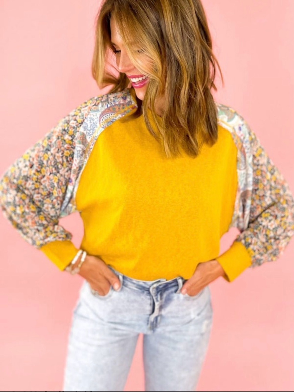 Umgee Mustard Pullover with Floral Raglan Sleeves